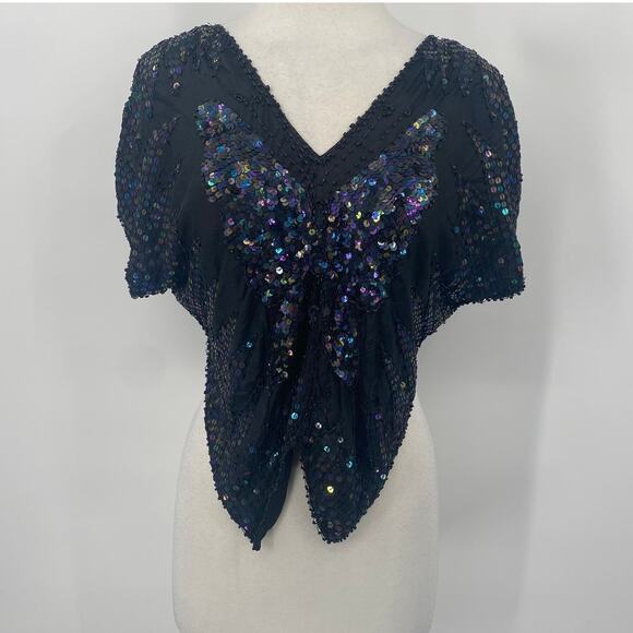 Vintage 80s Silk Beaded Sequined Butterfly Top V Neck Pullover Cropped Black M - Picture 2 of 9